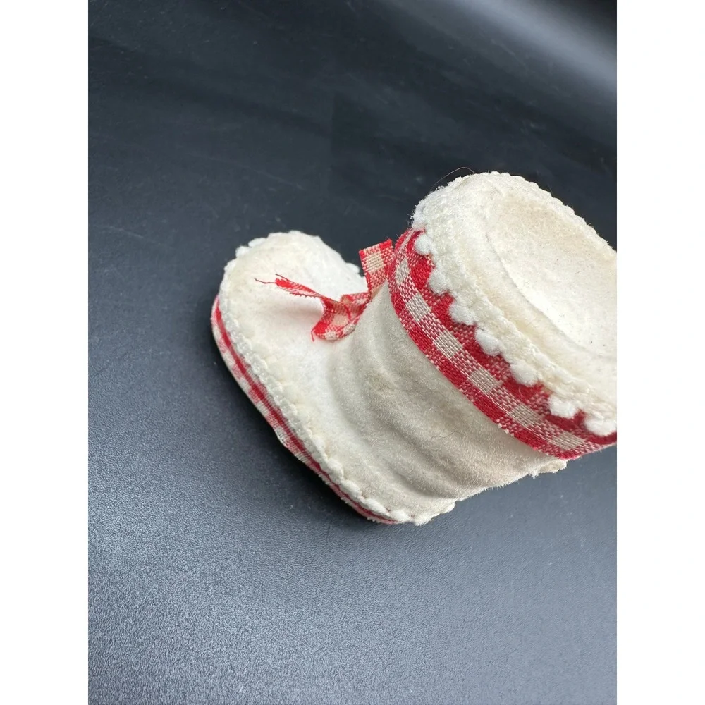 Vintage Flocked Felt Candy Boot Ornament Christmas Red Gingham‎ Ribbon Trim